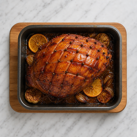 Bronzed honey-glazed Christmas ham with a scored clove-studded crust