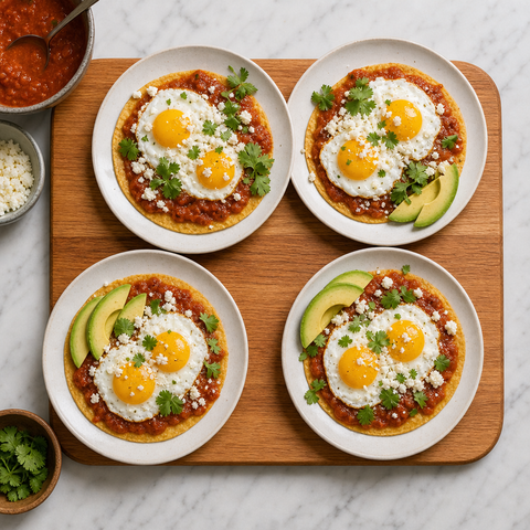 Huevos rancheros garnis de sauce ranchera, de queso fresco, d’avocat et de coriandre