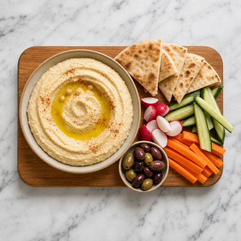 Houmous garni d’huile d’olive et servi avec du pain pita et des légumes frais.