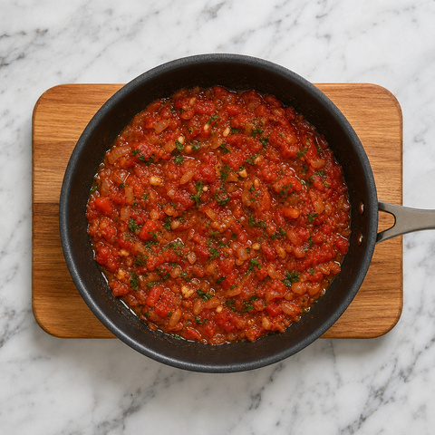 Glossy tomato and onion filling simmering in a skillet