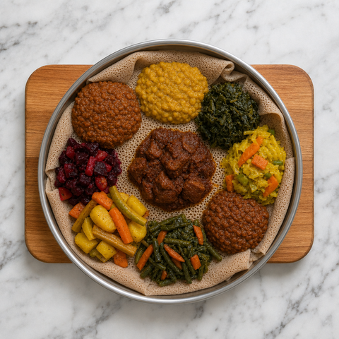 Injera servie avec des ragoûts éthiopiens, des lentilles et des légumes.