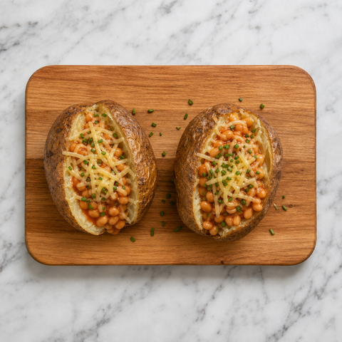 Jacket potatoes topped with baked beans, melted Gouda, and chives
