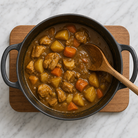 Glossy Japanese curry sauce coating tender chicken, potatoes, and carrots