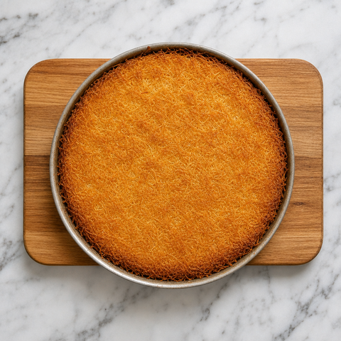 Tief goldbraun gebackenes Kanafeh mit knusprigen Kataifi-Fasern