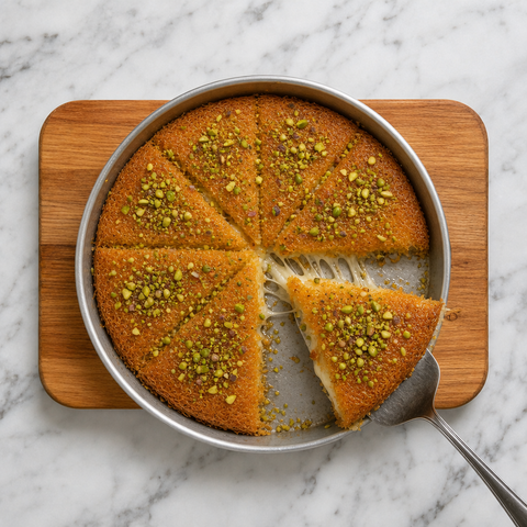 Warmes Kanafeh-Stück mit cremigem Käse, knusprigem Gebäck und Pistazien