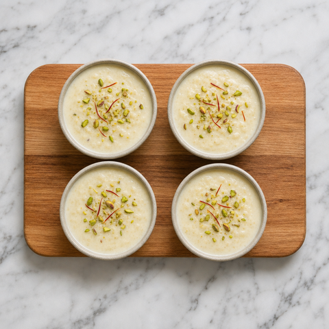 Kheer indiano freddo guarnito con pistacchi e zafferano