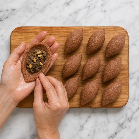 Un guscio di bulgur riempito e modellato attorno ad agnello speziato per il kibbeh