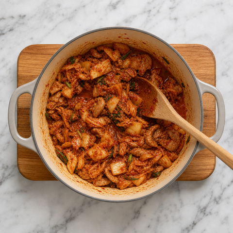 Kimchi y panceta de cerdo sofriéndose hasta quedar brillantes en una olla pesada.