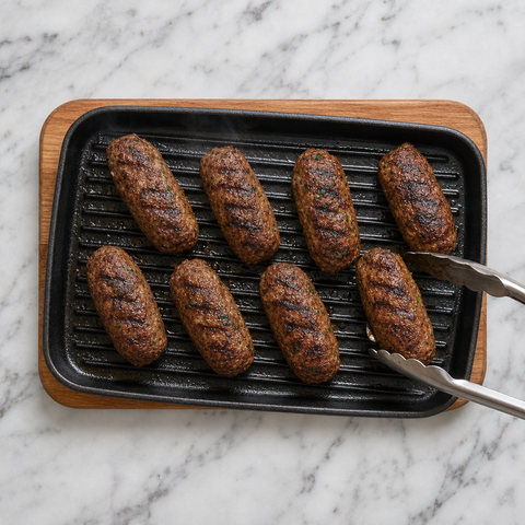 Kofta kebabs grilling with charred marks