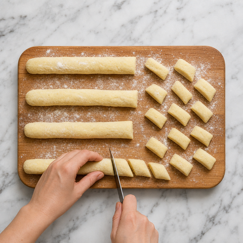 Diagonal pieces of potato dough ready to simmer as kopytka