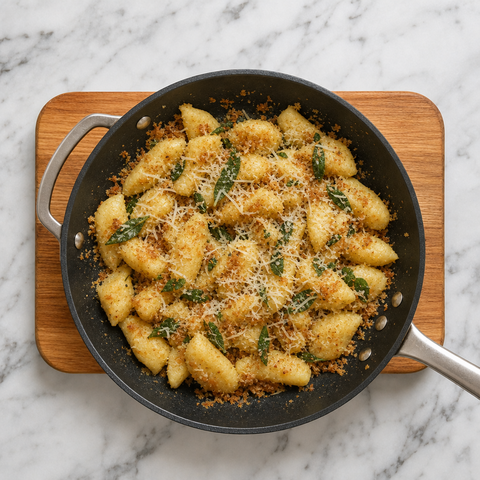 Finished kopytka tossed with browned butter, sage, breadcrumbs, and Parmesan