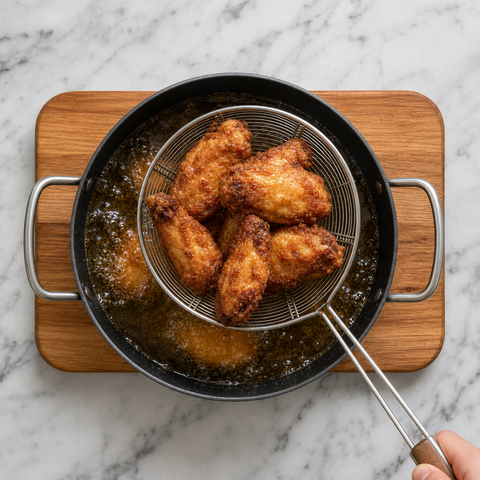 Deeply golden chicken wings lifted from the oil after the second fry