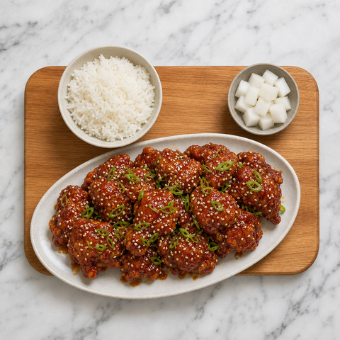 Platter of glossy Korean fried chicken topped with sesame seeds and scallions