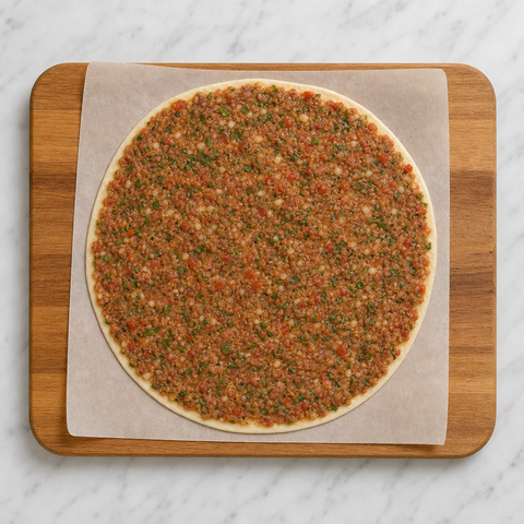 Lahmacun dough covered with an even lamb topping