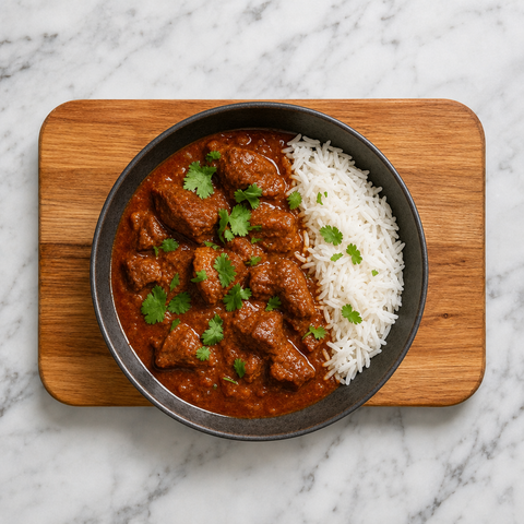 Rogan Josh d’agneau terminé, avec de l’agneau tendre dans une sauce rouge brillante