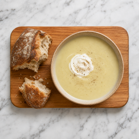 Silky leek and potato soup finished with crème fraîche.