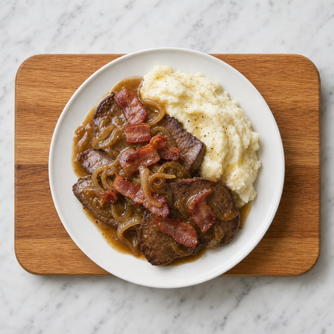 Liver and bacon covered with onion gravy and served with mashed potatoes