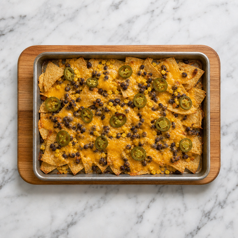 Freshly baked loaded nachos with bubbling melted cheddar and golden chip edges