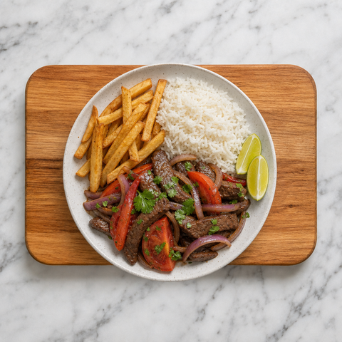 Lomo saltado servi avec du riz, des frites croustillantes et des quartiers de citron vert
