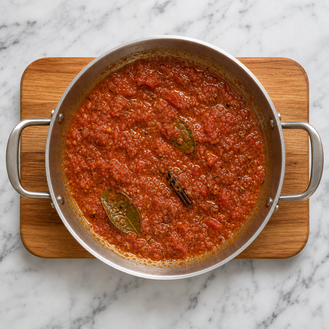 Reduced tomato masala sauce ready to be blended