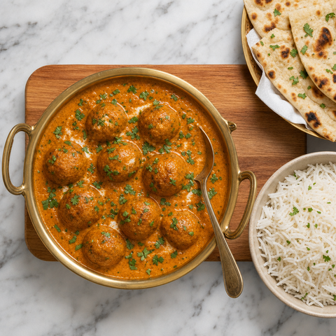 Malai Kofta with golden dumplings in creamy tomato cashew sauce