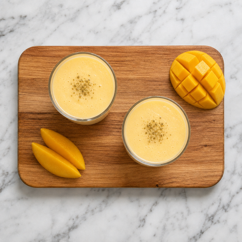 Zwei Gläser cremiges Mango-Lassi mit Kardamom garniert
