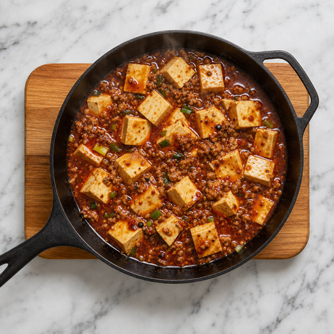Seidentofu köchelt in glänzender roter Sichuan-Sauce mit Schweinefleisch