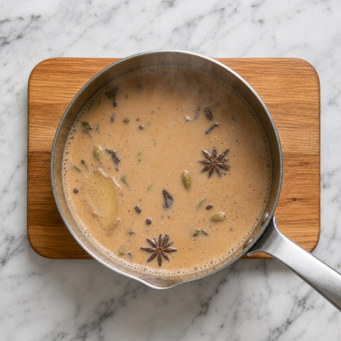 Milch und Zucker werden zum gewürzten Tee gegeben, während der Masala Chai köchelt