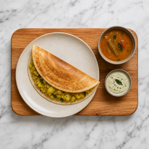 Masala dosa croustillant plié avec une garniture de pommes de terre