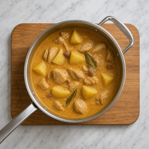 Chicken and potatoes simmering in coconut Massaman curry sauce