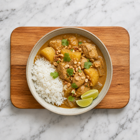 Finished Massaman curry garnished with roasted peanuts and lime
