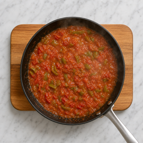 Pomodori e peperoni verdi che si restringono fino a formare una salsa lucida in padella.