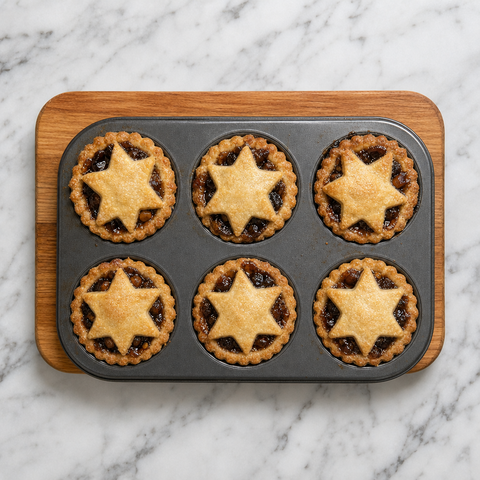 Mince pie dorate appena sfornate con ripieno di frutta che sobbolle