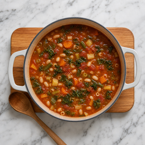 Minestrone che cuoce a fuoco lento con verdure e fagioli in un brodo di pomodoro