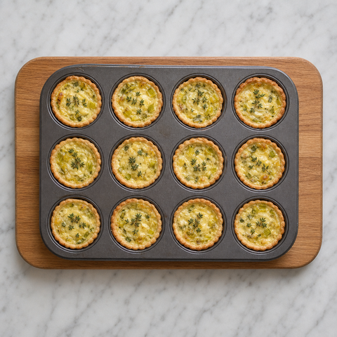 Golden mini quiches with leek, Gruyère, and thyme