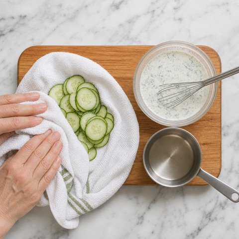 Salted cucumber slices being drained and dried before dressing