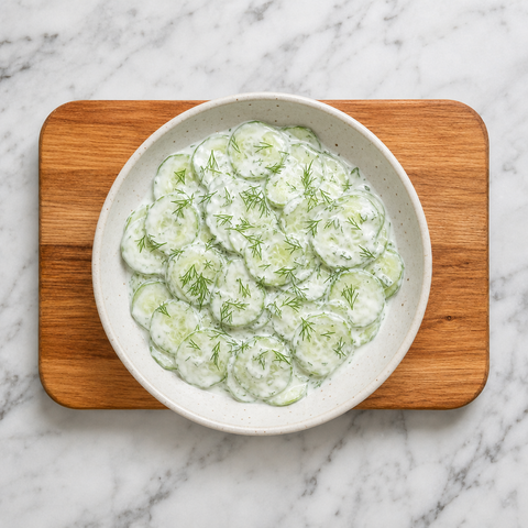 Finished mizeria cucumber salad with sour cream and fresh dill