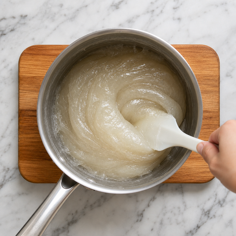 Impasto lucido e traslucido per mochi che si addensa in una casseruola