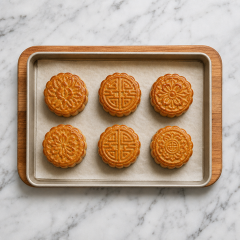 Mooncake dorati appena sfornati con disegni stampati ben definiti