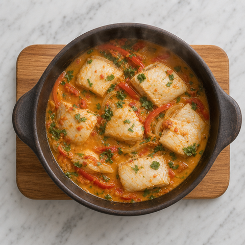 White fish gently simmering in coconut tomato broth for moqueca
