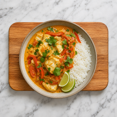 Finished Brazilian moqueca with coconut broth, cilantro, and lime