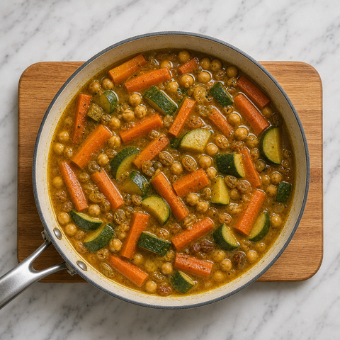 Moroccan vegetables, chickpeas, and raisins simmering in spiced broth