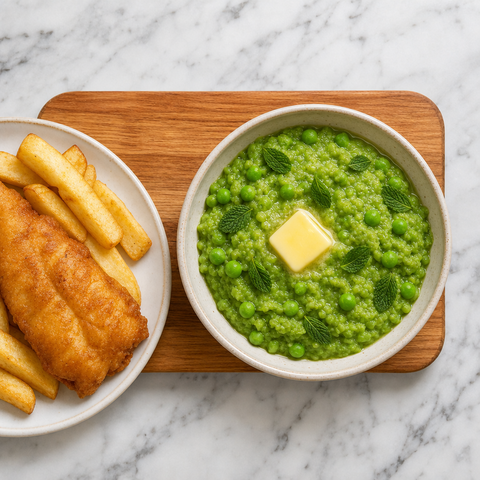 Classic British mushy peas garnished with mint and butter