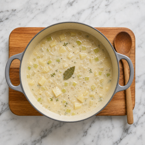 Base cremosa de sopa con verduras en dados en una olla