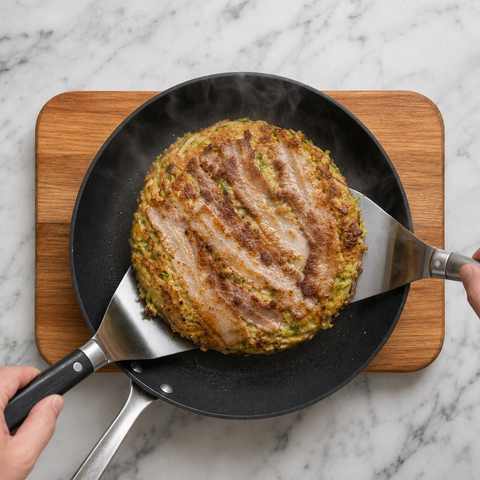 Golden okonomiyaki cooking in a skillet with browned pork belly