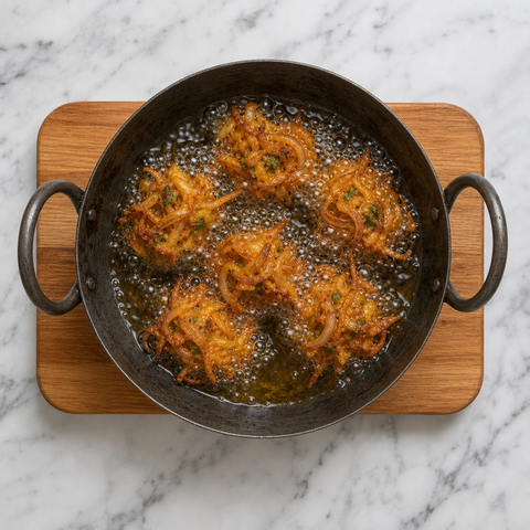 Onion pakoras frying until their edges are crisp and golden