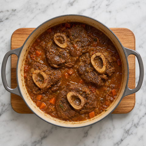 Fork-tender osso buco in a glossy braising sauce