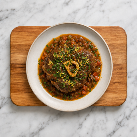 Osso buco plated with lemon-parsley gremolata