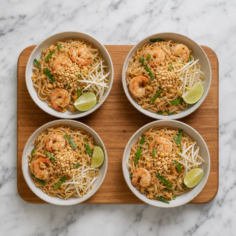 Finished Pad Thai garnished with peanuts, bean sprouts, and lime wedges