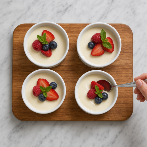 Panna cotta sedosa de vainilla servida con frutos rojos